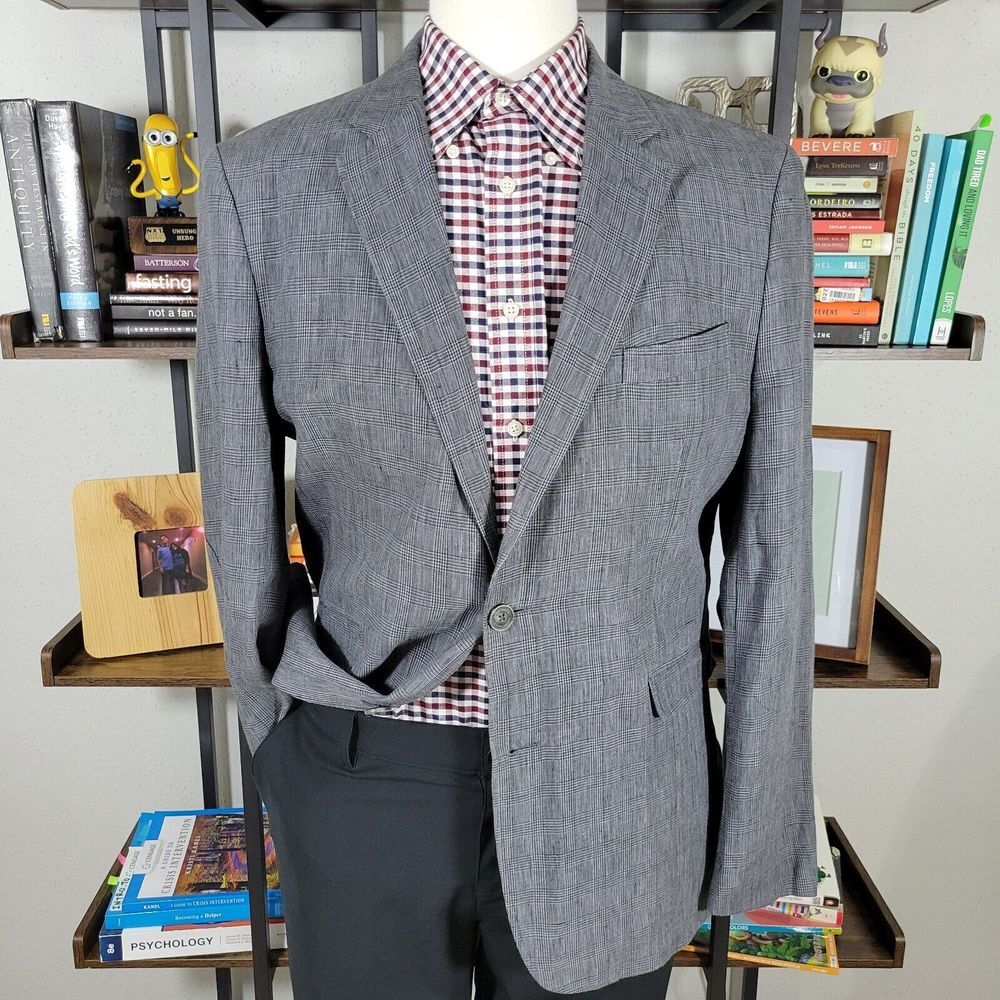 Joseph Abboud Men's Sport Coat Blazer Two Button Gray Plaid Linen Size LARGE